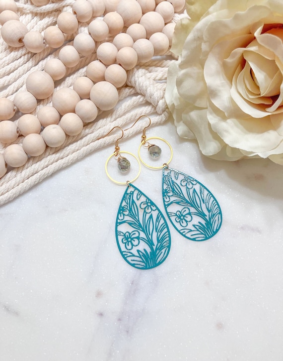 Teal Floral Teardrop Dangle Statement Earrings With Bead Detail