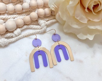 Purple and Gold Geometric Arch Dangle Earrings | Brass Earrings | Unique Statement Jewelry for Women