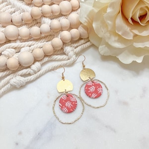 Red Leaf Floral Dangle Statement Earrings with Gold Brass Accents | Soft Clay Earrings | Unique Boho Jewelry for Women