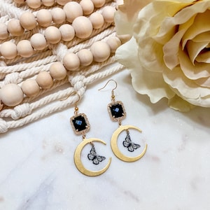 Gold Brass Butterfly Moon Dangle Statement Earrings | Black Boho Earrings