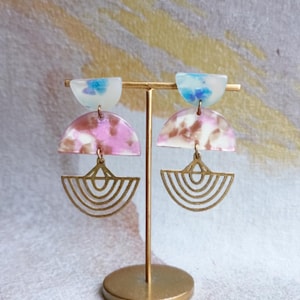 Transparent Blue and Purple Geometric Abstract Dangle Drop Earrings with Brass Accents | Acrylic Earrings | Unique Jewelry for Women