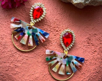 Colorful Floral Semicircle Dangle Earrings with Red Gemstone Post and Brass Ring | Acrylic Earrings | Unique Statement Jewelry for Women