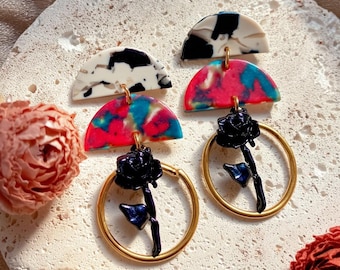 Colorful Geometric Dangle Drop Statement Earrings with Flower Accent | Acrylic Earrings | Unique Statement Jewelry for Women