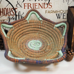 Cute Vintage Handmade Grass Basket with Blue and Light Teal Thread