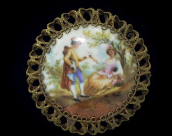 Antique Porcelain Hand Painted Courtship Brooch, Victorian Style Pin, Collectible Jewelry