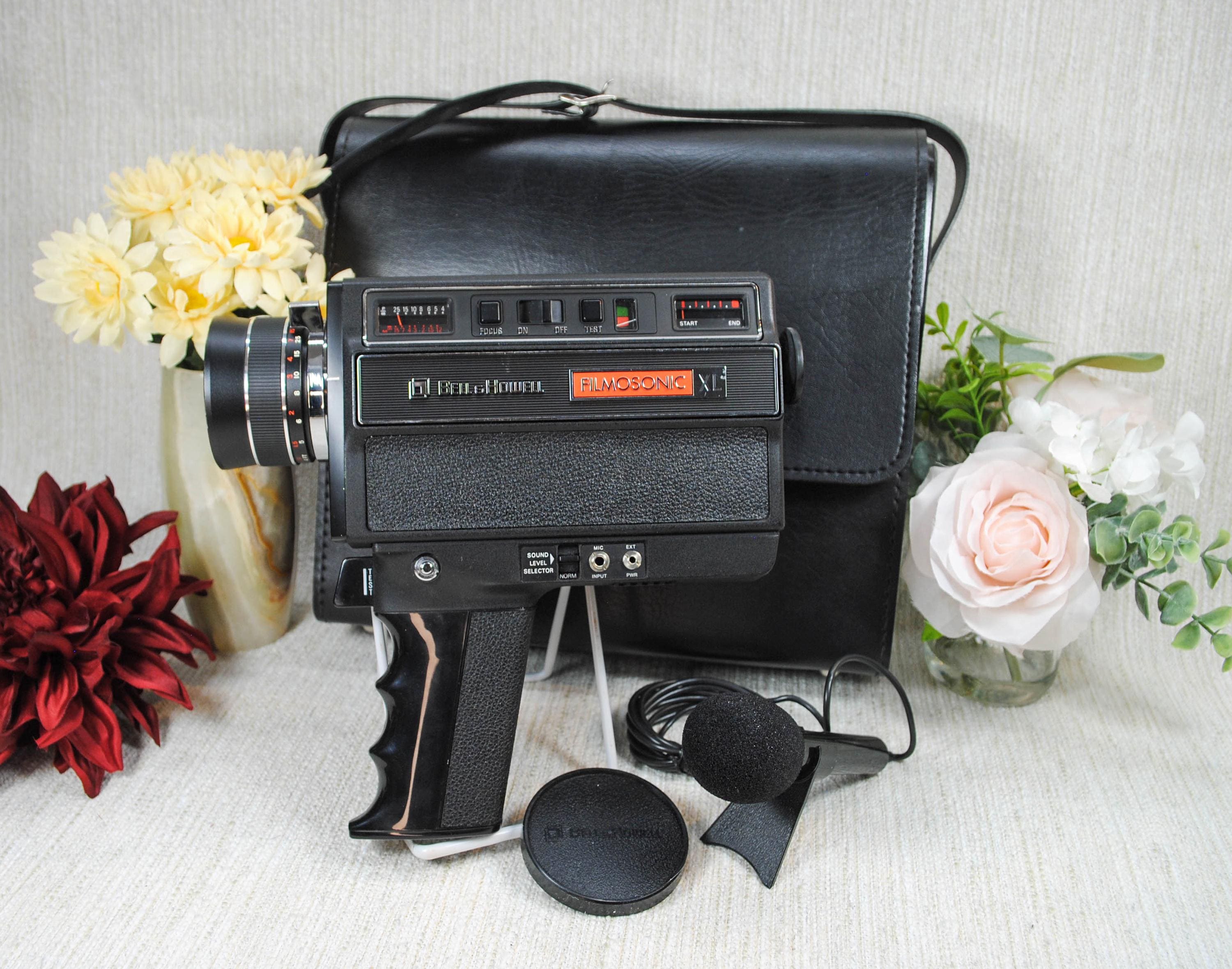 Vintage Bell & Howell Filmsonic XL Model 1230 Home Movie Camera, Microphone, and Leather Case