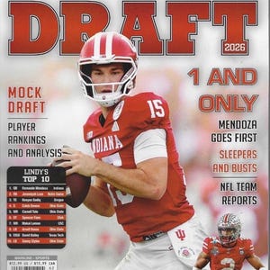 May include: A magazine cover for Lindy's Sports Pro Football Draft 2026. The cover features a football player in a red uniform with the number 15. Text includes "Mock Draft," "Player Rankings," and "NFL Team Reports."