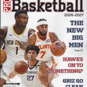 May include: Lindy's Sports Pro Basketball 2026-2027 magazine cover featuring three basketball players in white jerseys. The text includes The New Big Men, Hawks On To Something?, and Griz Go Clean. The players are holding orange basketballs.