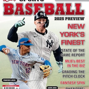 May include: A magazine cover featuring a baseball player in a New York Yankees uniform. The cover text reads "Lindy's SPORTS BASEBALL 2025 PREVIEW NEW YORK'S FINEST".