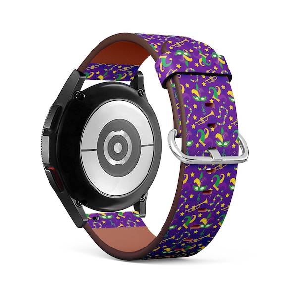 Band for Samsung Smartwatches, Colorful Mardi Gras Carnival Pattern Print, Galaxy Watch / Active / Gear, Vegan Leather Bracelet Strap.