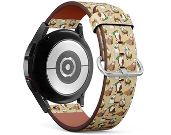 May include: A black smartwatch with a brown leather band featuring a repeating pattern of cartoon animals wearing chef hats and holding kitchen utensils. The band has a cream background with brown accents.