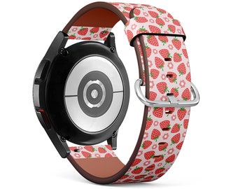 May include: A black smartwatch with a pink and red strawberry patterned watch band.