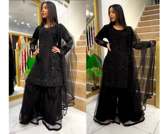 Black Embroidered Flared Style Sharara Suit 4157SL16