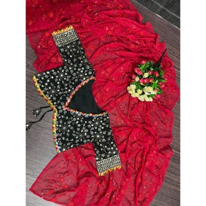 Glamorous Red Saree With Black Embroidery Work Blouse, Indian Wedding Dress, Reception Cocktail Party Wear Saree For Women image 2