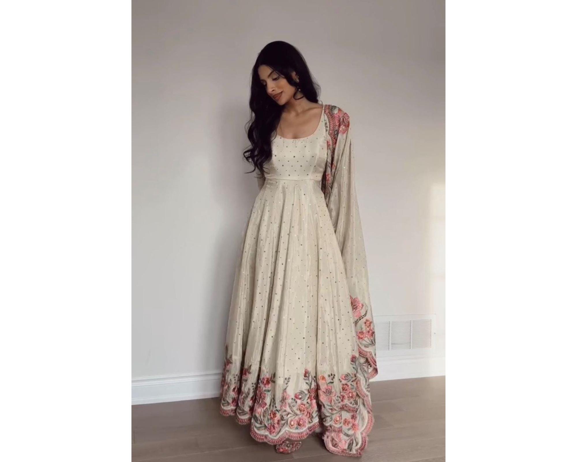 White Anarkali Suit With Floral Embroidery Work For Women, Indian Pakistani Wedding Wear, Kurta Sets, Indian Clothes, Stitched Salwar Kameez