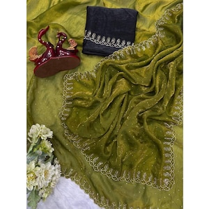Green Saree With Jarkan Embroidery  Work For Women, Indian Wedding Reception Sangeet Party Wear Saree, Bollywood Saree, Prestitched Saree