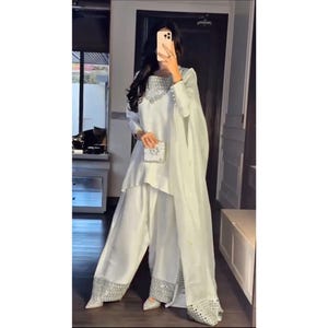 Wunderschöner weißer Palazzoanzug für Frauen, indisches Ethnic-Kleid, Hochzeitsgast Outfit, pakistanische Palazzo-Set, Kurta-Sets, indische Kleidung