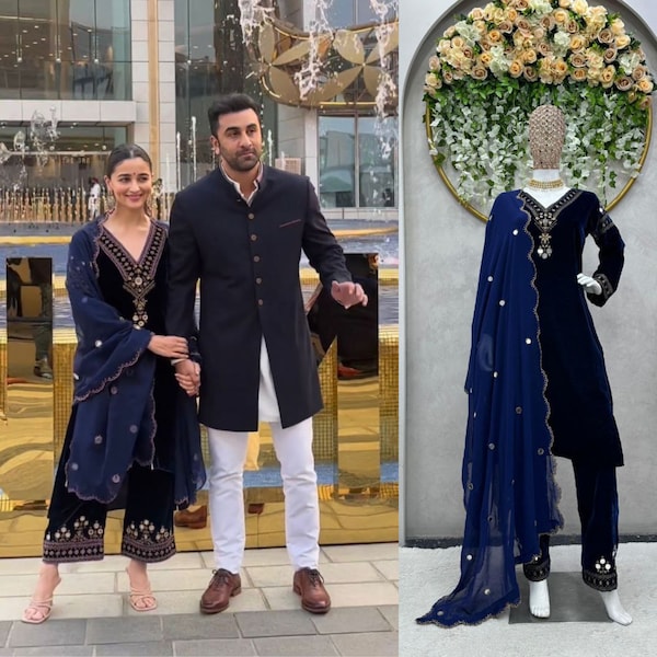 Alia Bhatt Inspired Velvet Suit, Velvet Salwar Suit with Mirror and threadwork, Party wear Salwar Suit, Pakistani Suit, Wedding Suit.