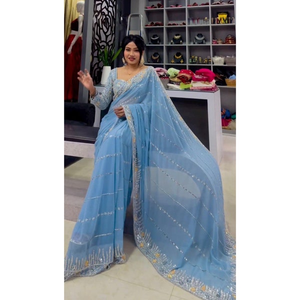 Light Blue Designer Embroidered Sequins Saree, Indian Wedding Saree, Reception Saree, Party Wear Saree, Ready To Wear One Minute Saree