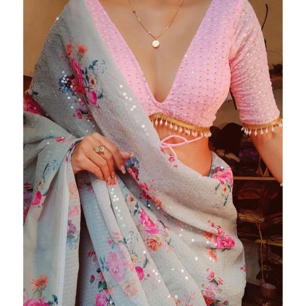 Floral Sequins Saree With Pink Blouse, Indian Wedding Saree, Bridesmaids Saree, Party Wear Saree, Ready To Wear Prestitched Saree