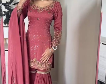 Pink Sharara Suit For Women, Indian Pakistani Wedding Wear, Kurta Sets, Indian Clothes, Stitched Salwar Kameez, Readymade Suits