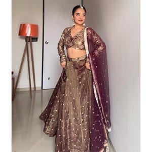 Brown Lehenga Choli For Women With Embroidery Work, Indian Wedding Reception Bridesmaids Party Wear Lehenga, Stitched Ready To Wear Lehenga