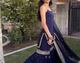 Navy Blue Sharara Suit for Women Indian Ethnic Dress Wedding Guest Outfit Pakistani Sharara Set, Kurta Sets, Indian Clothes gharara suit.