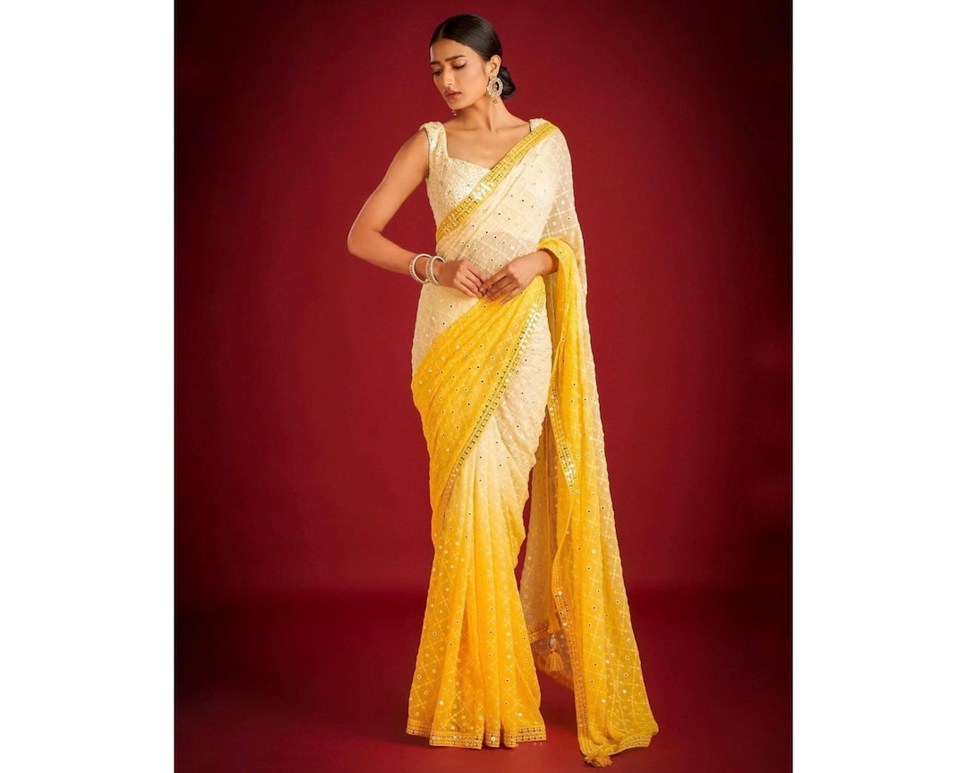 Yellow Indian Saree With Stitched Blouse, Indian Wedding Saree ...