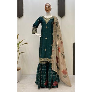 Dark Green Sharara Suit For Women, Indian Pakistani Wedding Wear, Kurta Sets, Indian Clothes, Stitched Salwar Kameez, Readymade Suits
