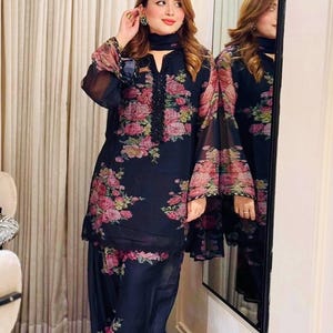 Black Floral Farsi Salwar Kameez For Women, Plus Size Suits, Stitched Salwar Suits, Indian Pakistani Wedding Reception Party Wear Suit,