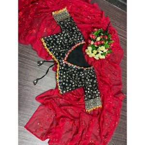 Glamorous Red Saree With Black Embroidery Work Blouse, Indian Wedding Dress, Reception Cocktail Party Wear Saree For Women image 3