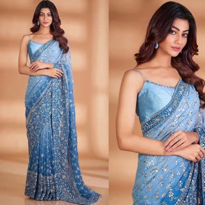 Blue Indian Saree With Sequins Work, Indian Wedding Saree, Bridesmaids Saree, Party Wear Saree, Ready To Wear Prestitched Saree