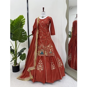 Rust Orange Lehenga Suit for Women, Indian Ethnic Dress, Wedding Guest Outfit, Pakistani Palazzo Set, Kurta Sets, Indian Clothes