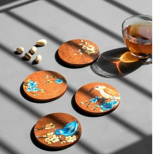 Hand-painted Coasters Set of 4, Round Wooden Coasters, Table Accessories, Gifts for Christmas, Personalised Wedding Favors, Modern Tableware