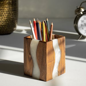 Pearl White Wood-Epoxy Multi-Utility Holder, Wood Pen Stand, Desk Organizer, Cutlery Holder, Rustic Holder, Housewarming Gift, Table Accent