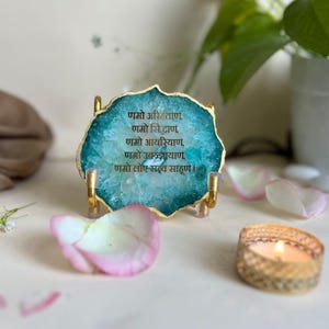 Agate Stone with Metal Holder & Namokar Mantra | Customizable Spiritual Décor | Jain Gift | Multi-Color Options