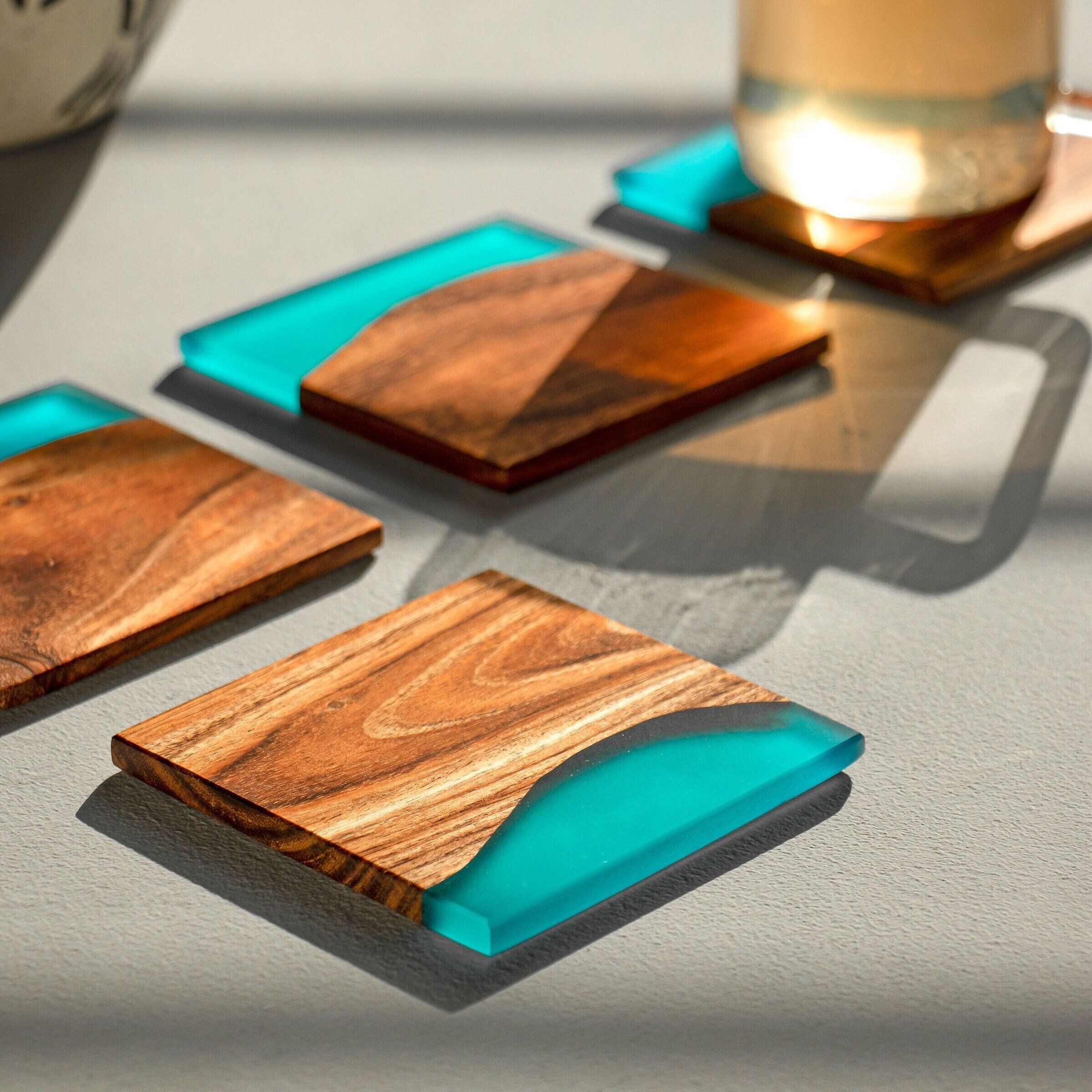 Luxury Rustic Style Pine Wood & Resin 4-Piece Coasters Set