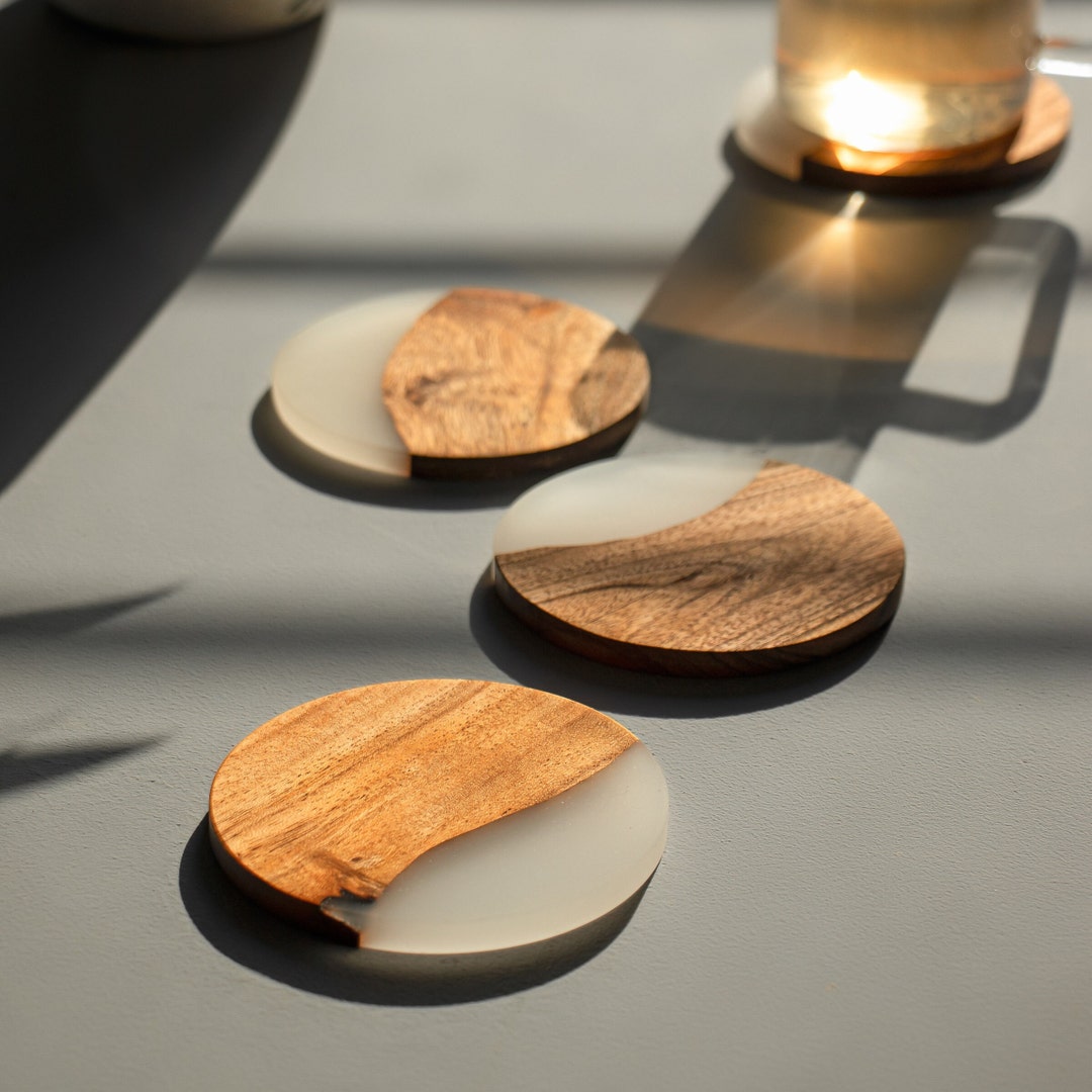 Wood Epoxy Coasters Set of 4, Round Wood Coasters, Personalized Wedding ...