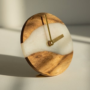 Pearl White Natural Wood-Resin Epoxy Table Clock , Modern Table Clock, Office Desk Clock, Graduation Gift, Gift For Dad, Housewarming Gift