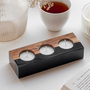 Triple Wood-Epoxy Tea-Light Holder, Candle Holder, Housewarming Gift, Customizable  Tea-light Stand, Engraved Gifts, Wedding Favours