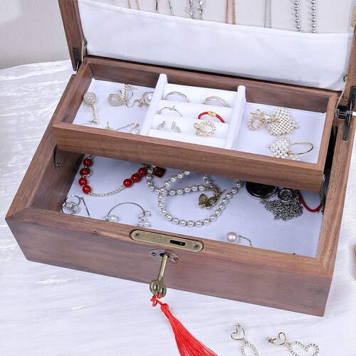 Wooden Jewelry Box with Lock,Black Walnut Jewelry Organizer for Women Girls,Large Wood Jewelry Storage Box,Jewelry Holder shops with Drawer Inside