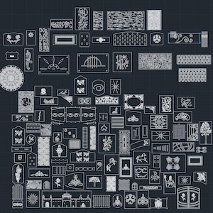 Könnte beinhalten: Eine Sammlung von über 100 Schwarzweiß-Vektorillustrationen von dekorativen Architekturelementen, darunter Tore, Zäune, Fenster und andere Designdetails. Diese Designs eignen sich perfekt für die Verwendung in CAD-Software oder zum Erstellen von benutzerdefinierten Laser-Schneidemustern.