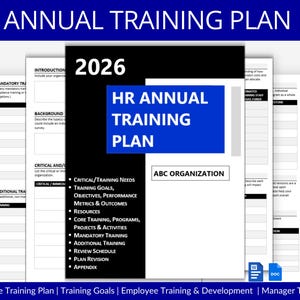 May include: A 2026 HR Annual Training Plan document template featuring a black and white layout with blue accents. The cover page displays the text HR ANNUAL TRAINING PLAN and ABC ORGANIZATION, listing sections like Training Goals and Resources.