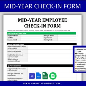 May include: A white Mid-Year Employee Check-In Form document with black text and green headers. The form includes sections for employee information, mid-year discussion, and Q3/Q4 priorities. Icons for Microsoft Word, Google Docs, Excel, and Google Sheets are visible.