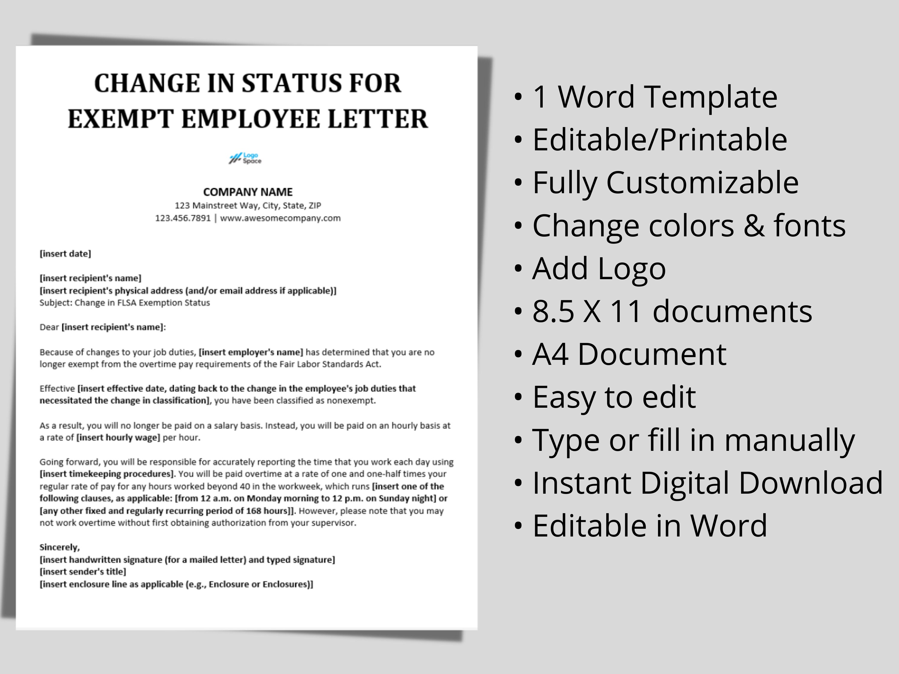 FLSA Change in Status Letter: HR Compliance Form (digital Download) - Etsy