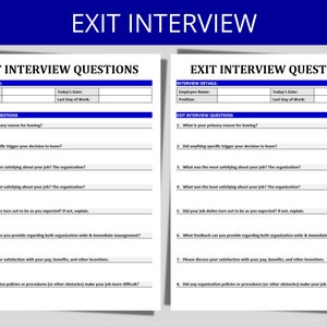 May include: A black and white exit interview form with questions for employees leaving a company. The form includes sections for interview details, such as employee name, position, today's date, and last day of work. The questions cover topics like the primary reason for leaving, specific triggers for the decision, the most and least satisfying aspects of the job, job duties, feedback on the organization and management, satisfaction with pay and benefits, and any obstacles encountered.