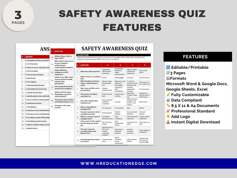 OSHA Safety Quiz: Employee Workplace Training (digital Download Excel ...