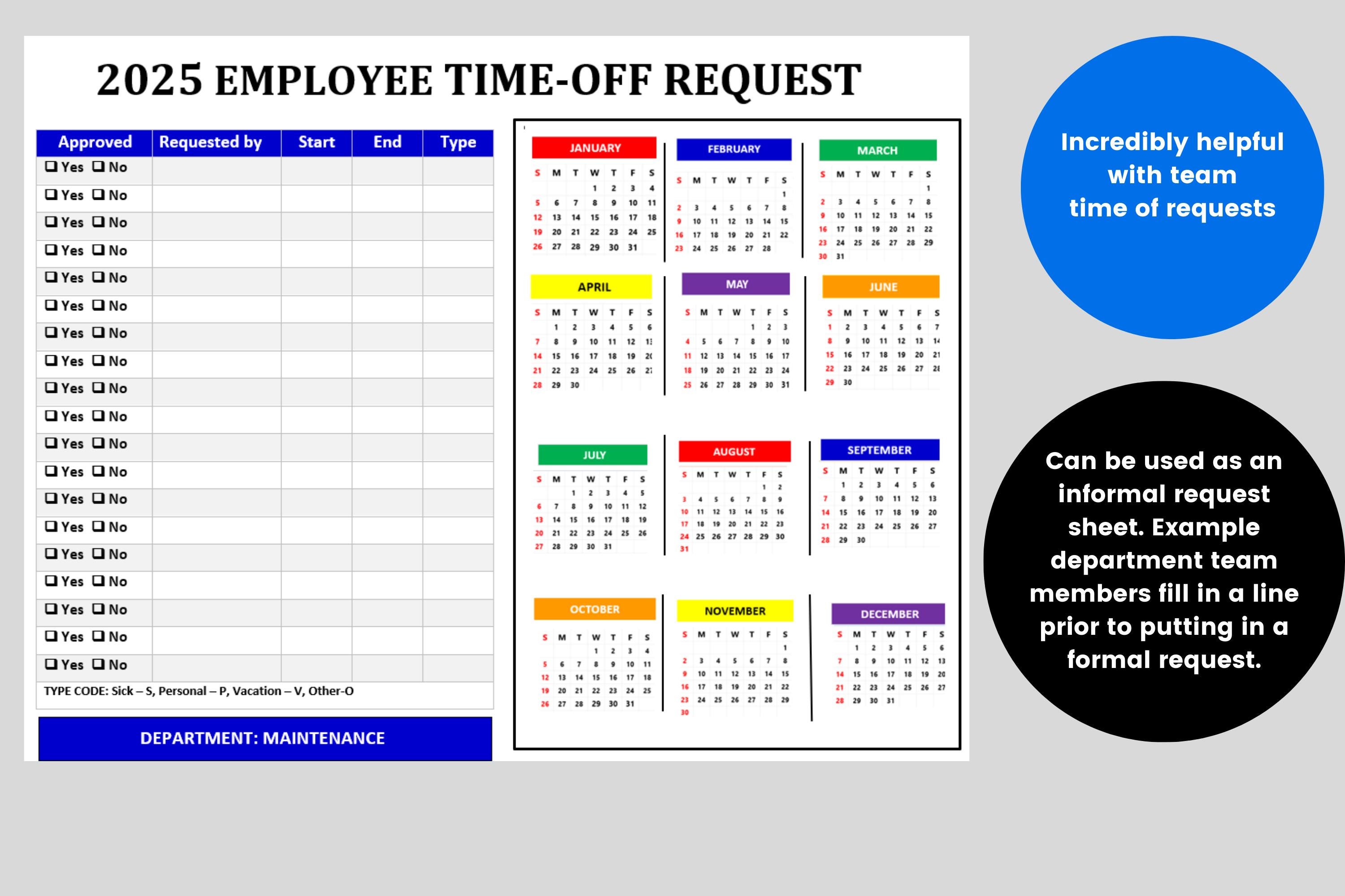 2025 Calendar HR Employee Time off Request Planner PTO & Vacation