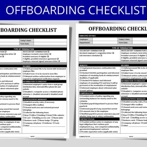 Puede incluir: Un formulario de lista de verificación en blanco y negro para la desvinculación de empleados. El formulario incluye secciones para los detalles del empleado, el tipo de terminación, los beneficios, los registros, la tecnología de la información, el administrador de instalaciones/oficina, la compensación y el contrato/legal. El formulario tiene casillas de verificación para cada elemento y espacio para notas.