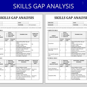 Op de afbeelding: Een vaardigheidshiatenanalyse-grafiek met twee kolommen, elk met een tabel voor computervaardigheden en technische vaardigheden. De tabelkoppen omvatten vakgebied/software, huidig niveau, vereist niveau, trainingsplan, voltooide trainingsdatum, aanvullende training vereist en verwachte trainingsdatum. De grafiek wordt gebruikt om de vaardigheden te identificeren die nodig zijn voor een specifieke baan en om een trainingsplan te maken om de vaardigheidshiaten te dichten.